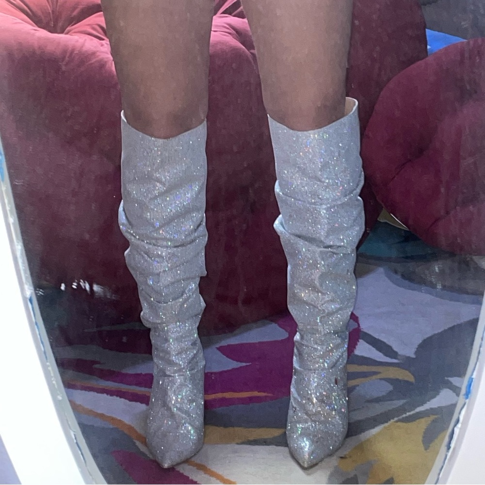 Glitter slouch boots. Worn once, like new. No noticeable flaws.